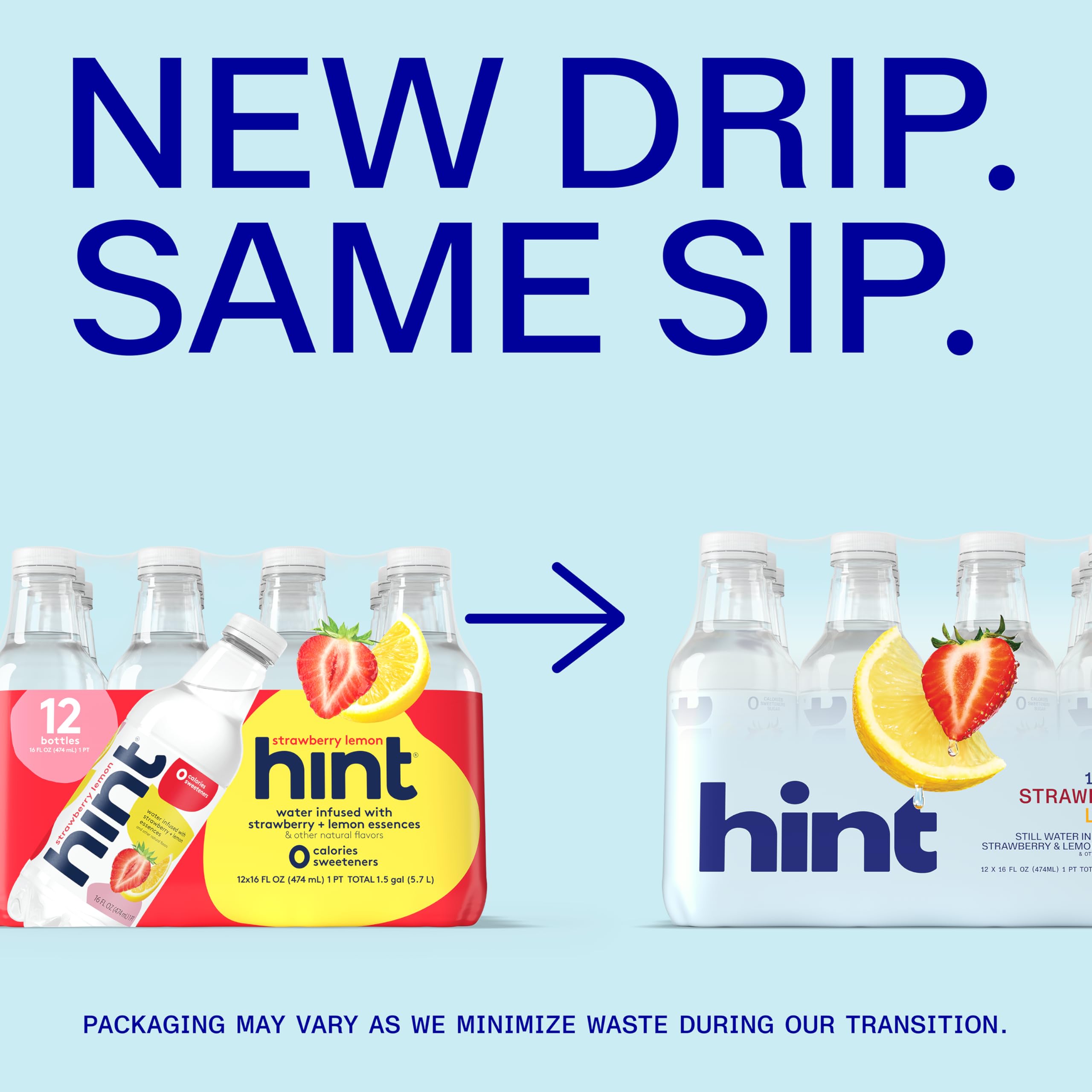 Hint bottle close-up highlighting clear water and clean label benefit