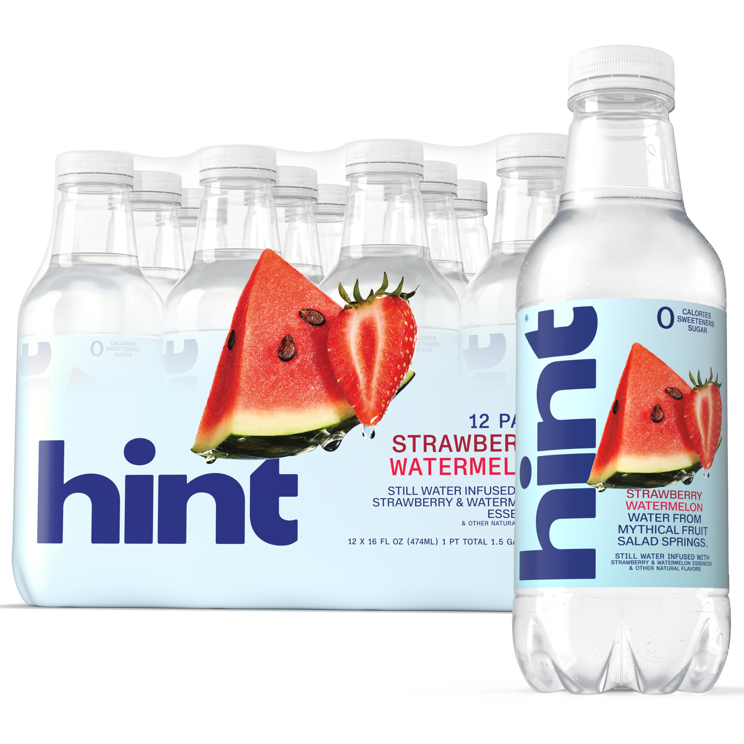 Hint front packaging showing strawberry watermelon 12-pack and easy storage benefit
