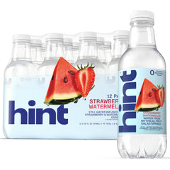 Hint front packaging showing strawberry watermelon 12-pack and easy storage benefit