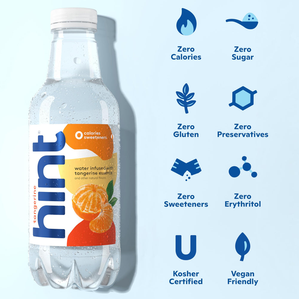 Close-up of Hint tangerine bottle cap and neck highlighting purity benefit