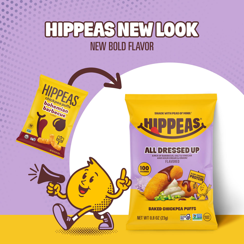 HIPPEAS open bag with crunchy puffs ready to snack, portable convenience