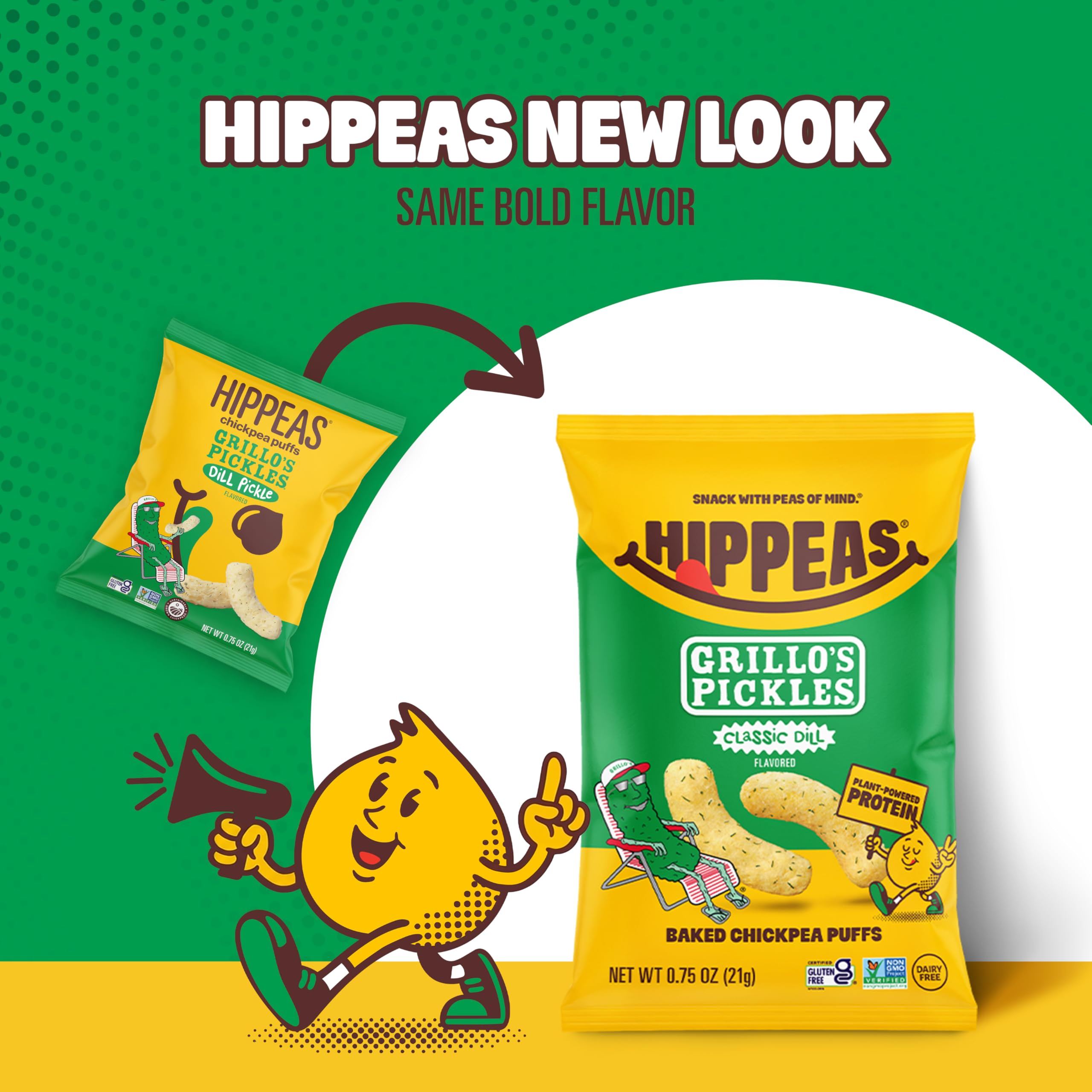 HIPPEAS Grillo's Dill Pickle served with dip in a snack setting for sharing