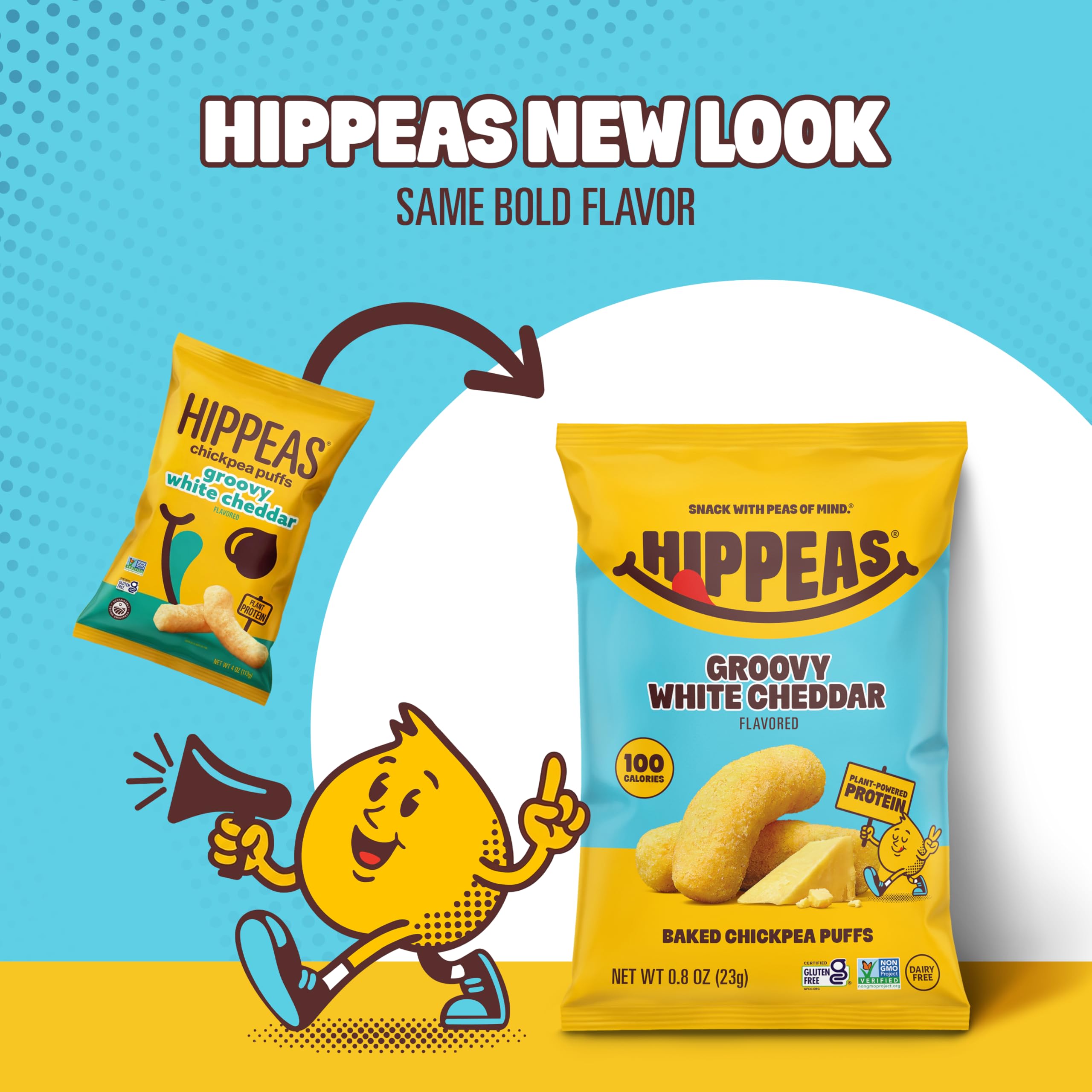 HIPPEAS Groovy White Cheddar bag close-up shows seasoning detail and appeal