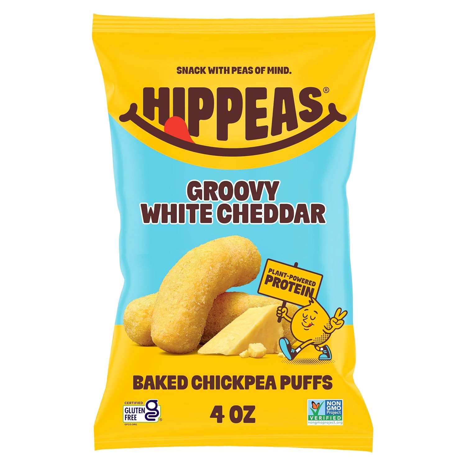 HIPPEAS front packaging showing six 4oz Groovy White Cheddar bags and benefits