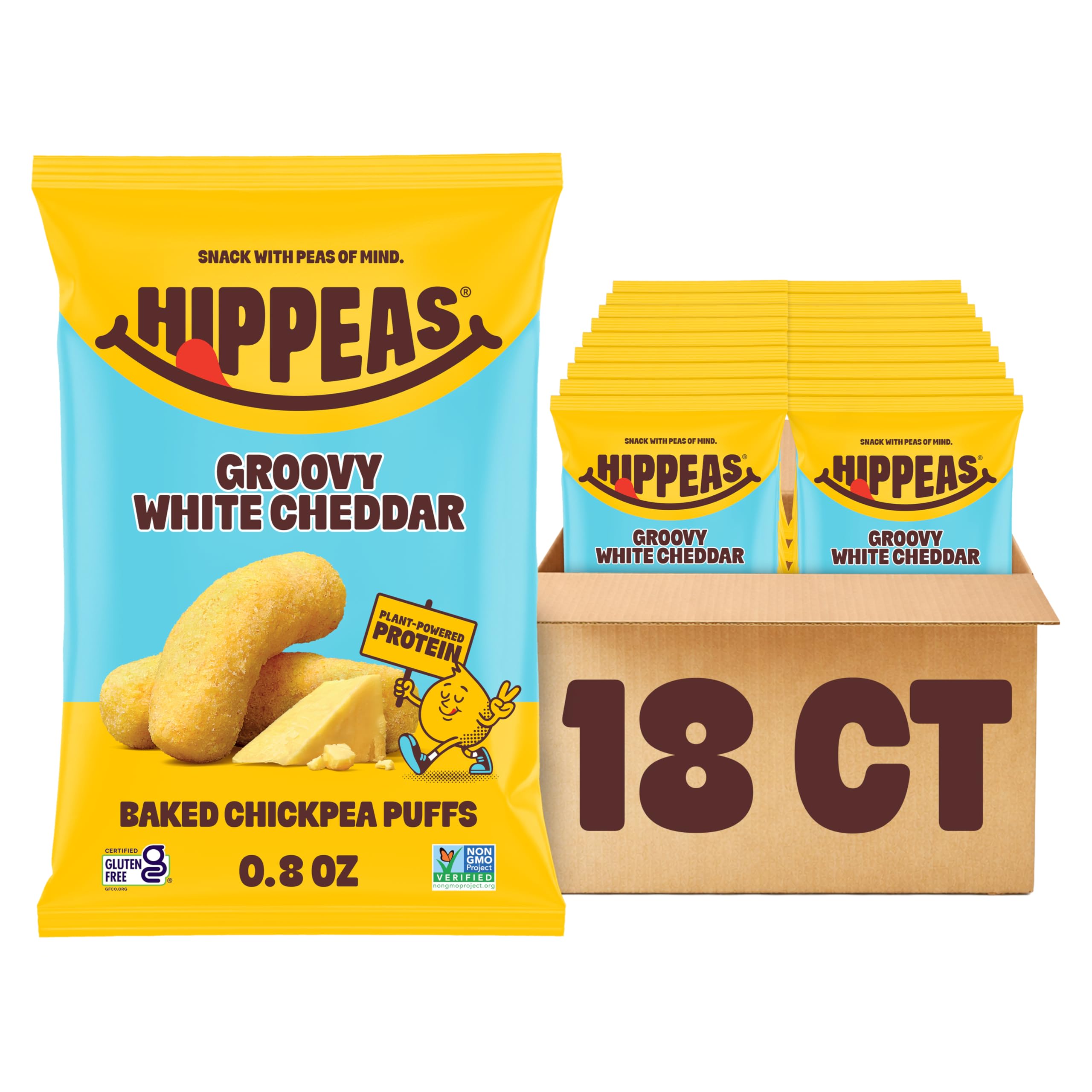 HIPPEAS groovy white cheddar front packaging showing brand and snack benefits