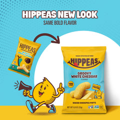 HIPPEAS open bag close-up of white cheddar puffs delivering crunchy convenience