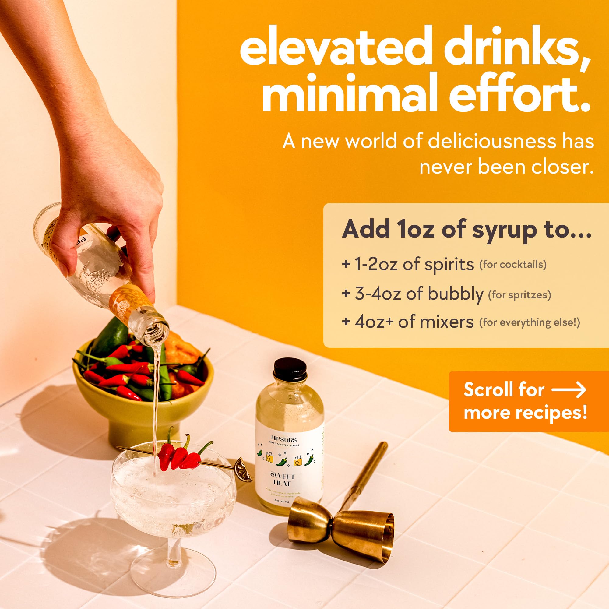 HipStirs bottle beside cocktail glass to show 8 oz size and serving