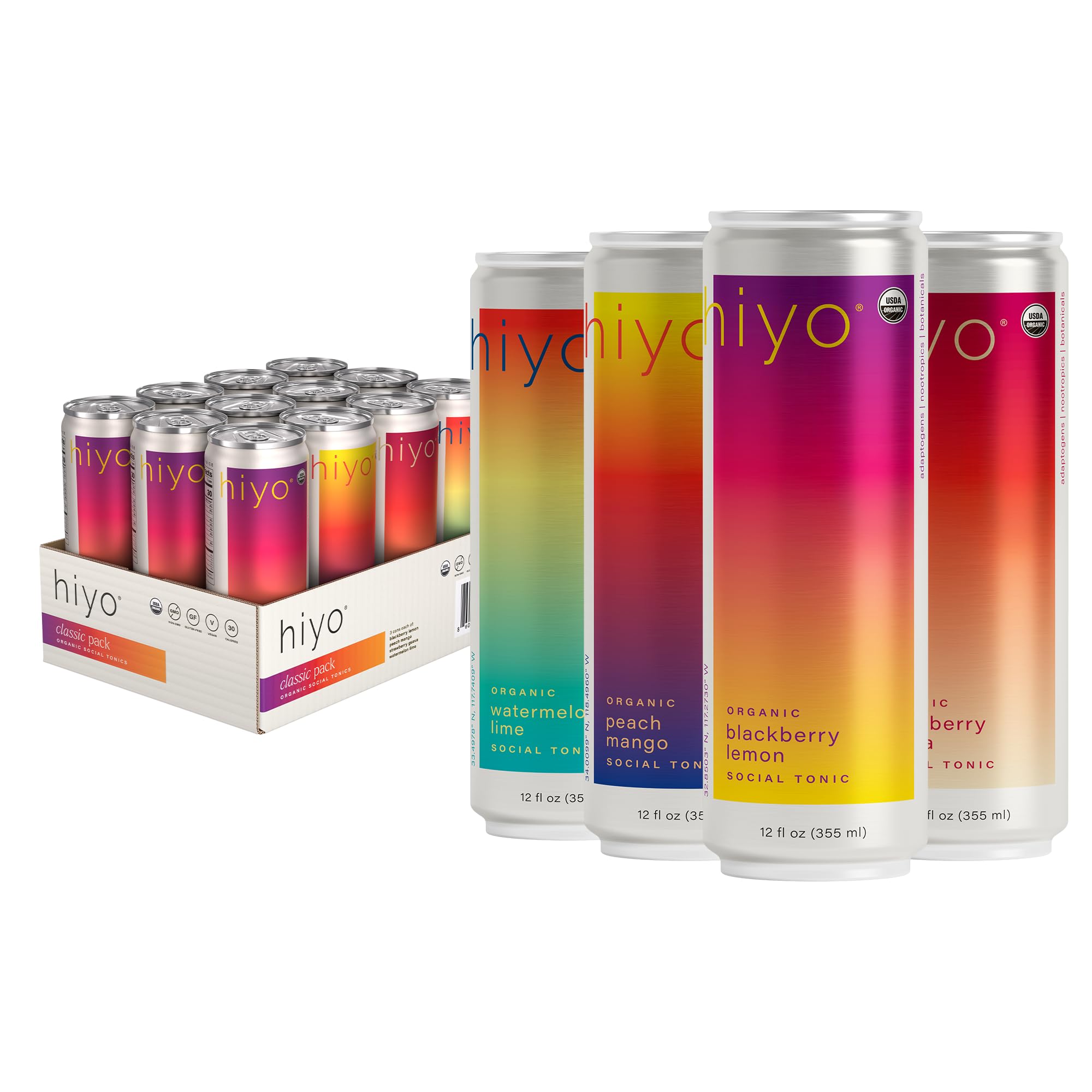 HIYO mixed pack front view showing four flavors and colorful cans for easy selection