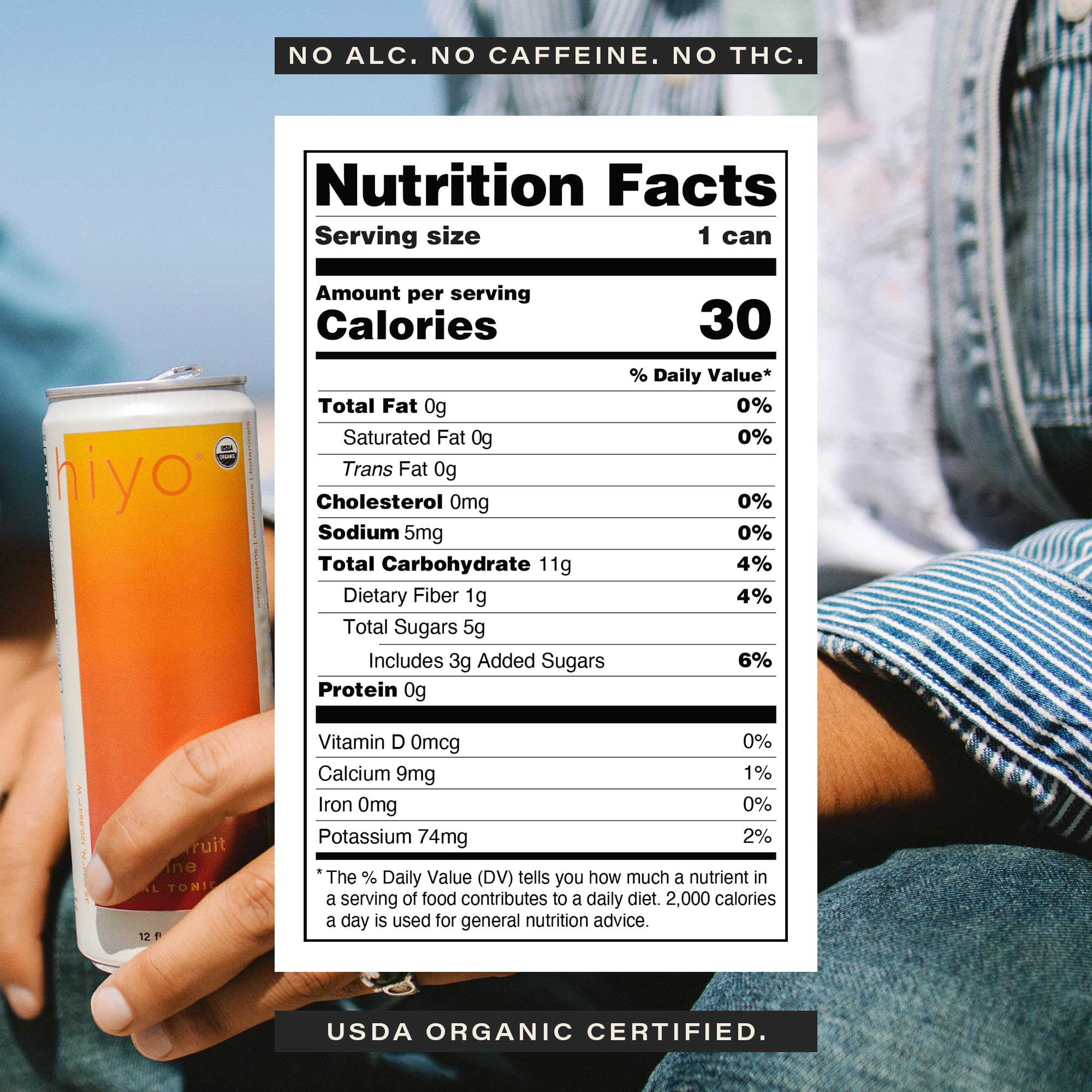 HIYO close-up of a Peach Mango can label highlighting ingredients and mood-forward design