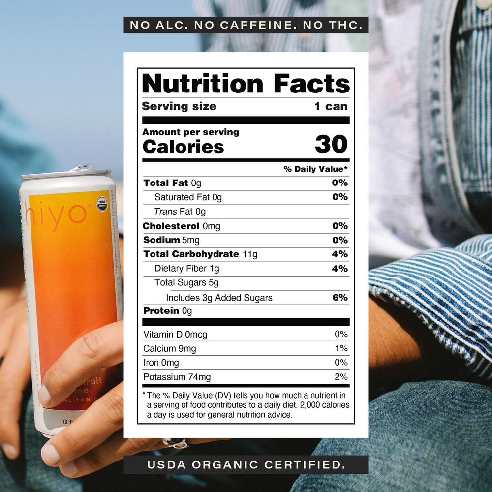 HIYO close-up of a Peach Mango can label highlighting ingredients and mood-forward design