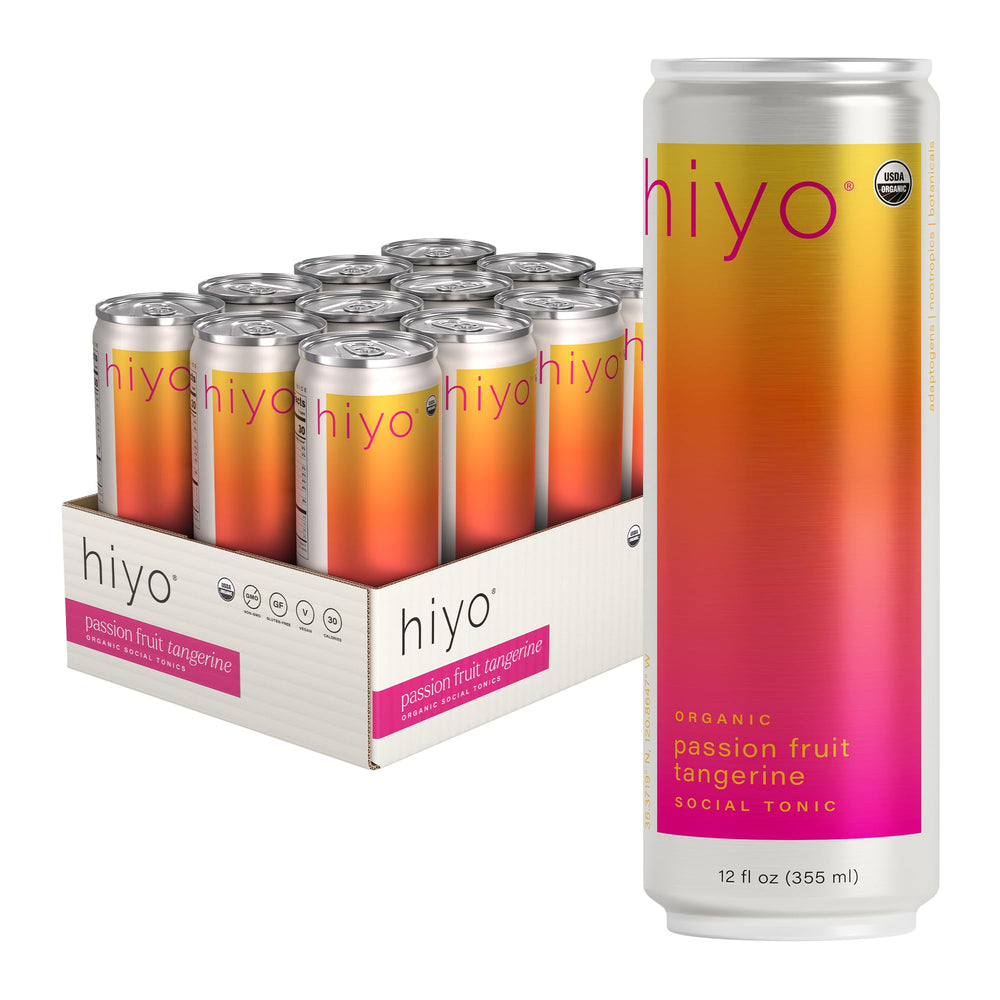 HIYO front packaging of peach mango 12-pack showing cans and branding, ideal for gatherings
