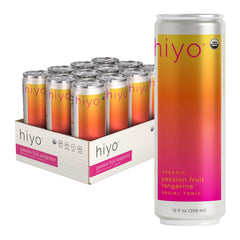 HIYO front packaging of peach mango 12-pack showing cans and branding, ideal for gatherings