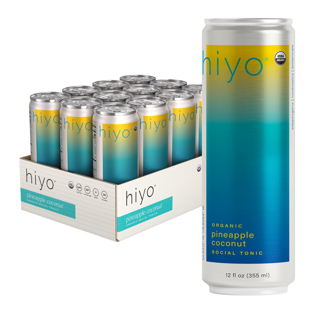 HIYO front packaging showing pineapple coconut flavor and 12-pack convenience