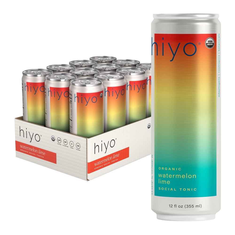 HIYO front packaging showing watermelon lime flavor and 12-pack convenience