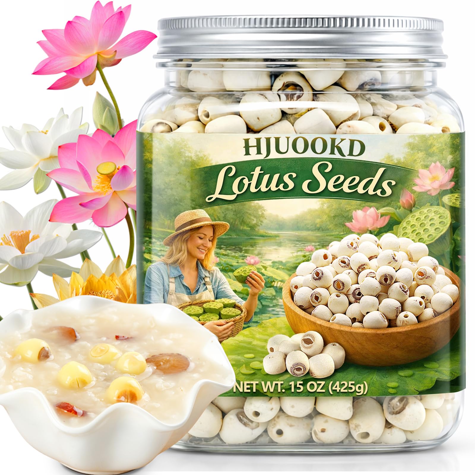 HJUOOKD front packaging showing 15oz lotus seeds and convenience
