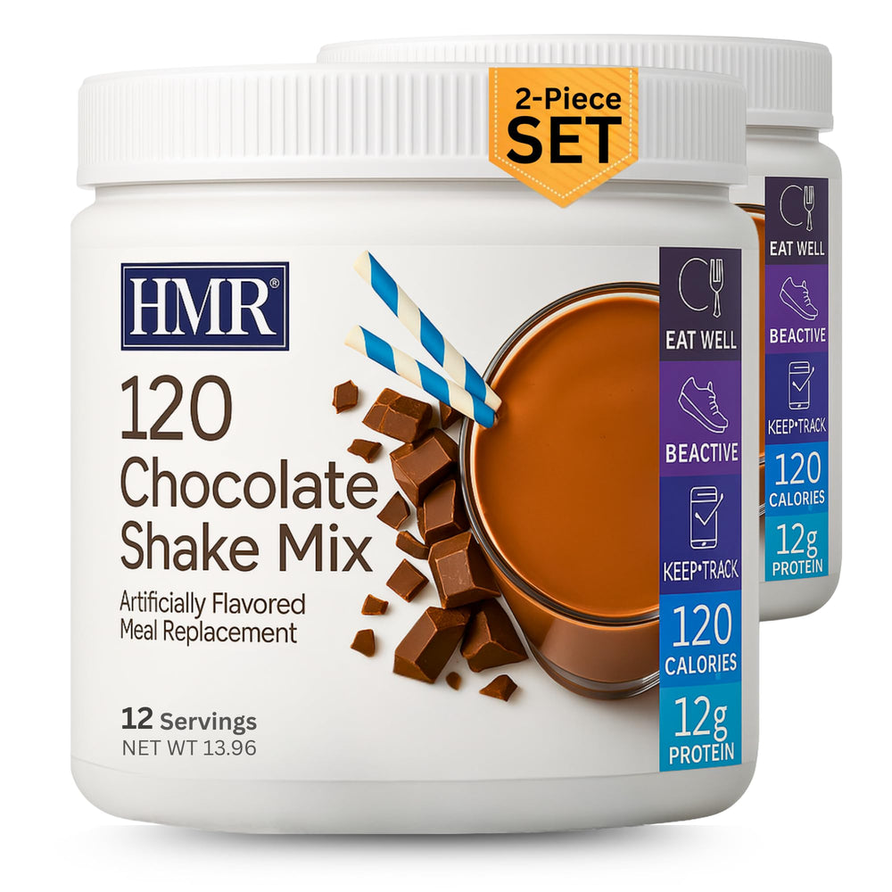 HMR front packaging showing two-pack chocolate shakes and clear labeling benefit convenience