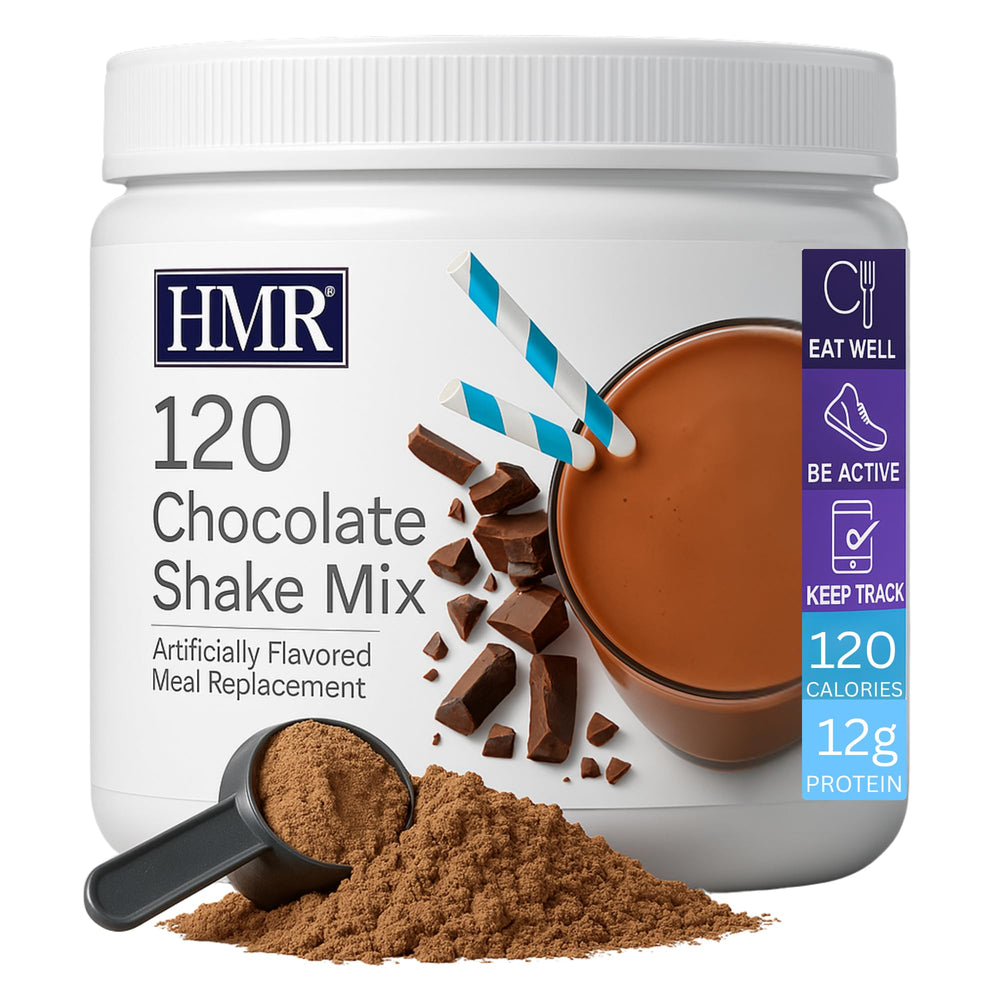HMR shake on breakfast table with fruit showing meal replacement convenience benefit