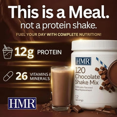 HMR prepared chocolate shake in glass illustrating creamy appearance and quick prep benefit