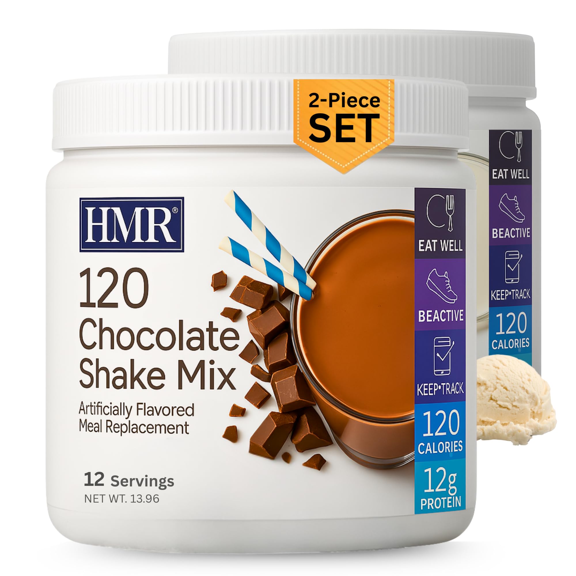HMR front packaging showing chocolate and vanilla flavors and quick meal benefit