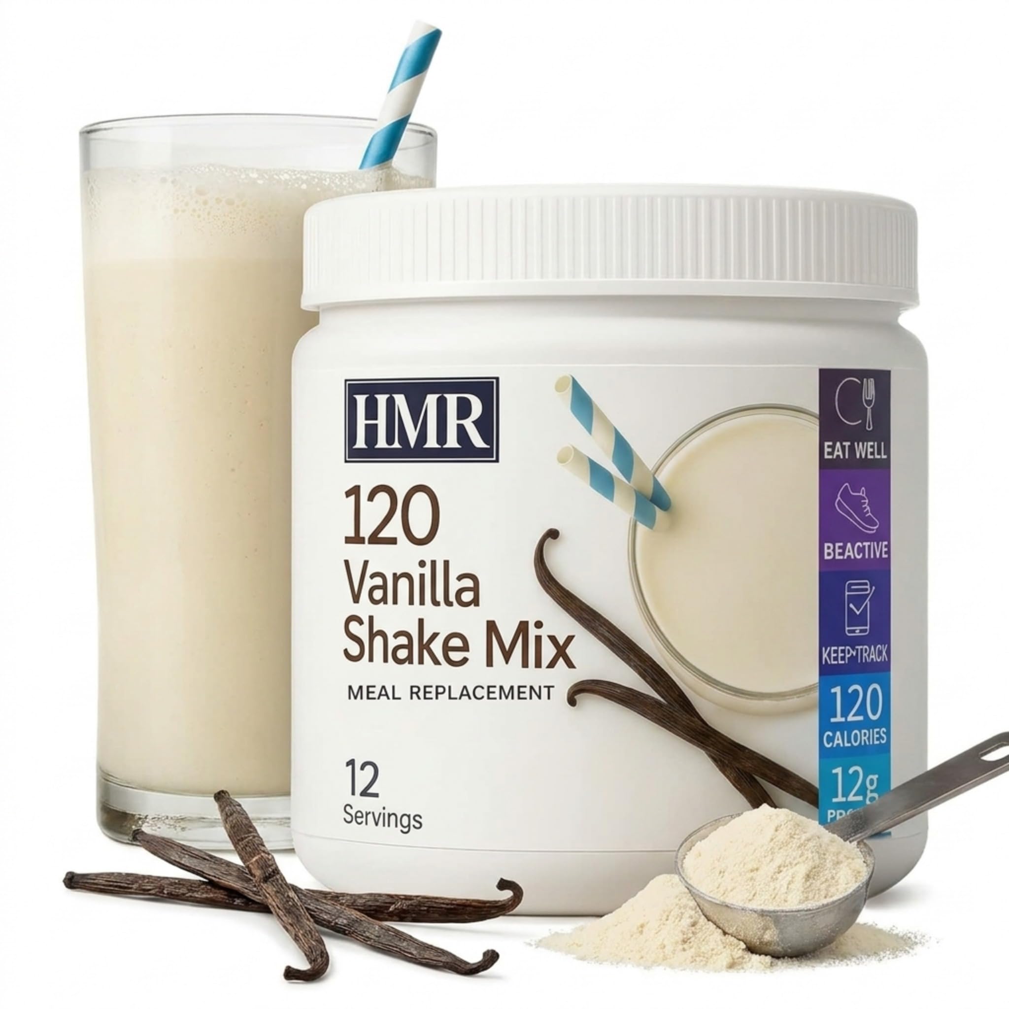 HMR 120 vanilla front packaging showing product and servings for easy choice