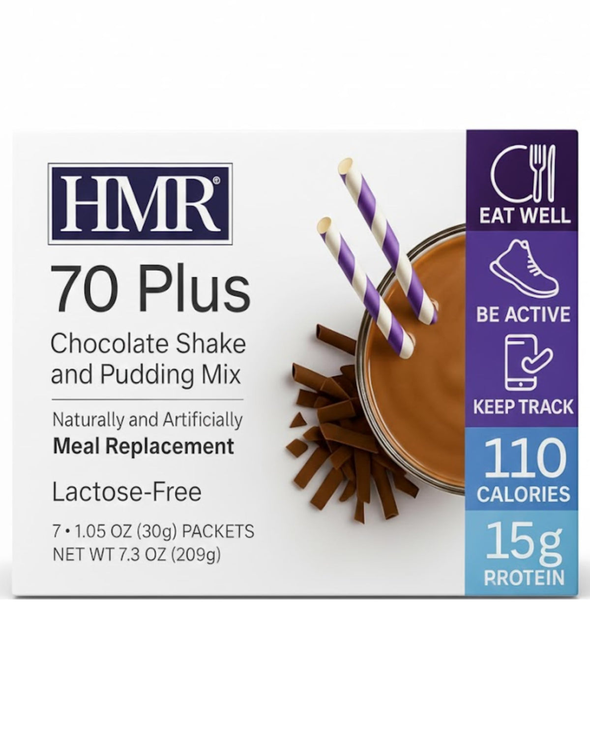 HMR front packaging showing chocolate shake mix, convenient and low-calorie