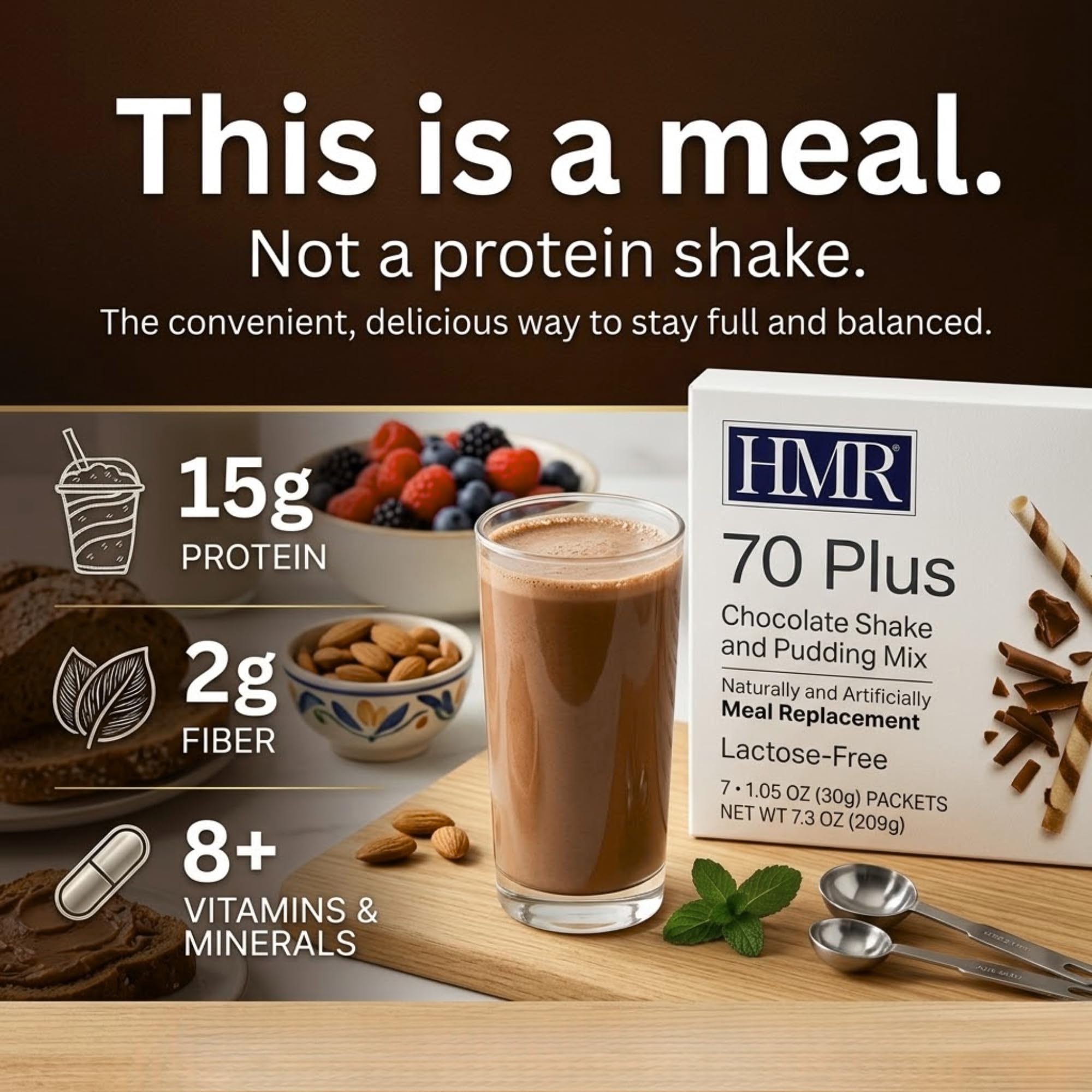 HMR chocolate shake in glass, ready-to-drink and protein-rich