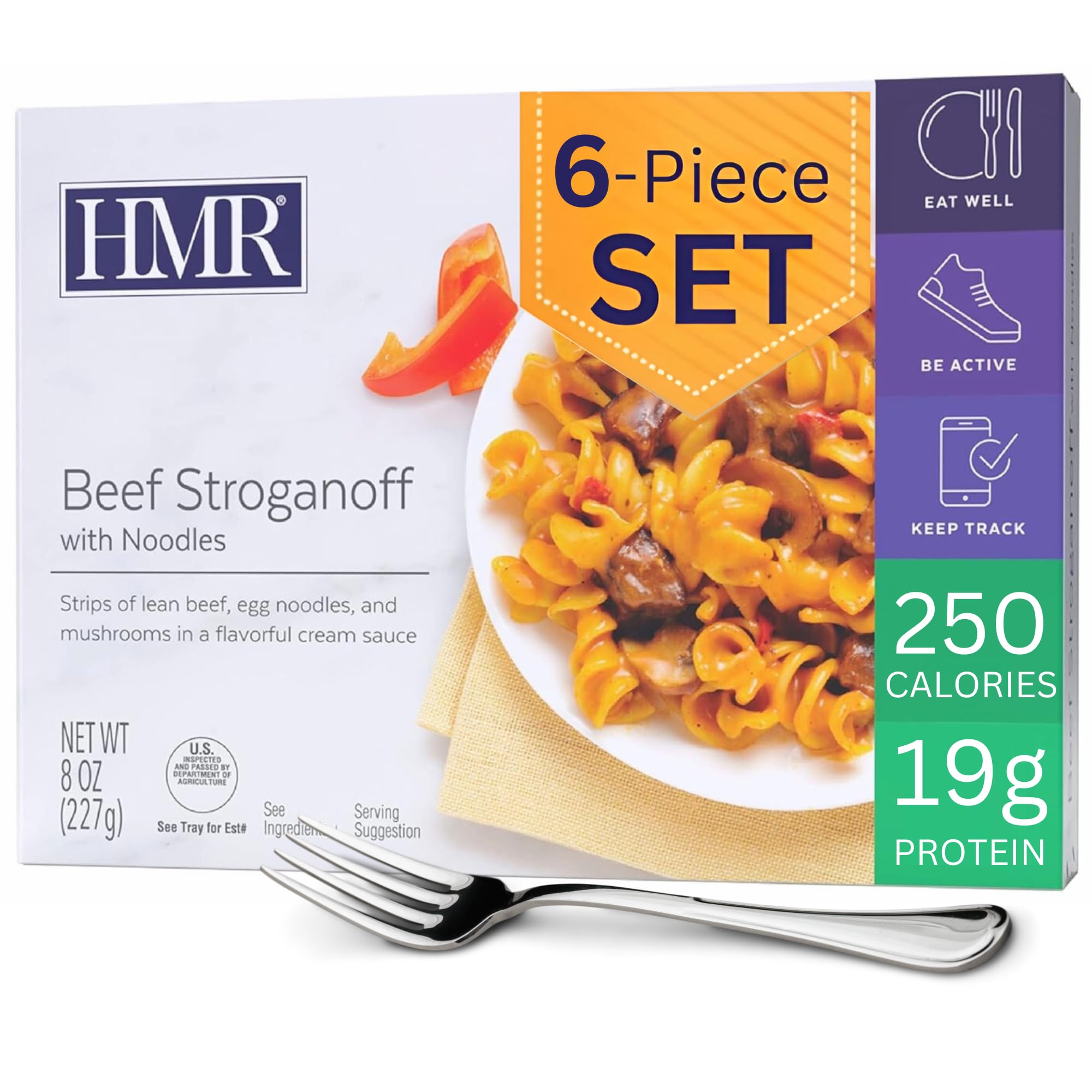 HMR front packaging showing beef stroganoff entrée and six-pack convenience