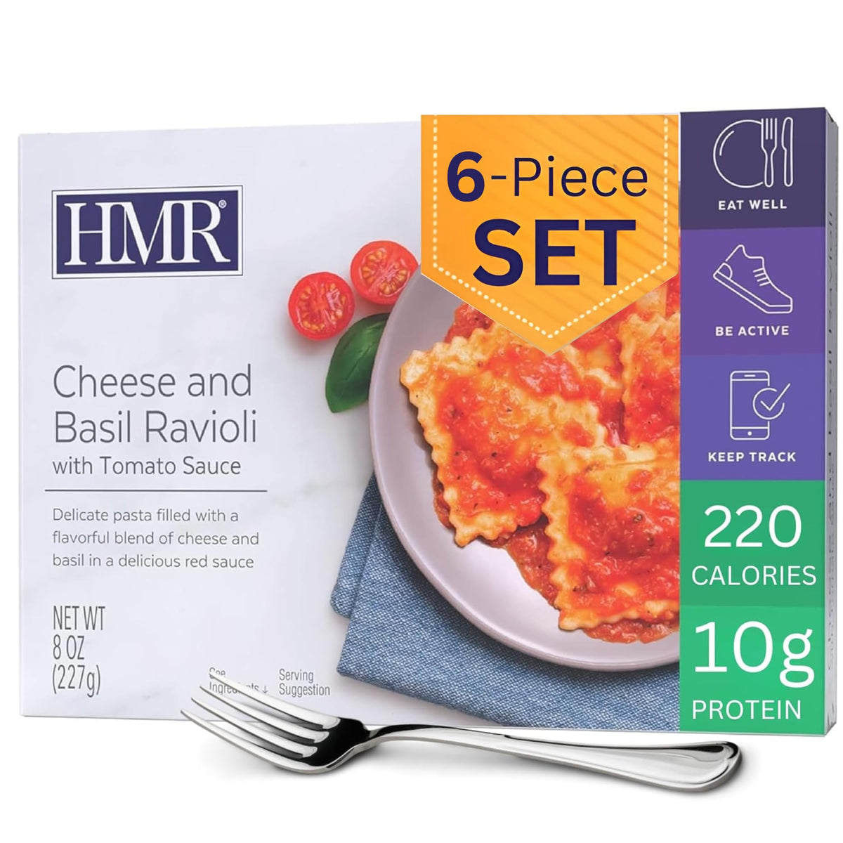 HMR front packaging showing cheese and basil ravioli, conveys convenience and flavor