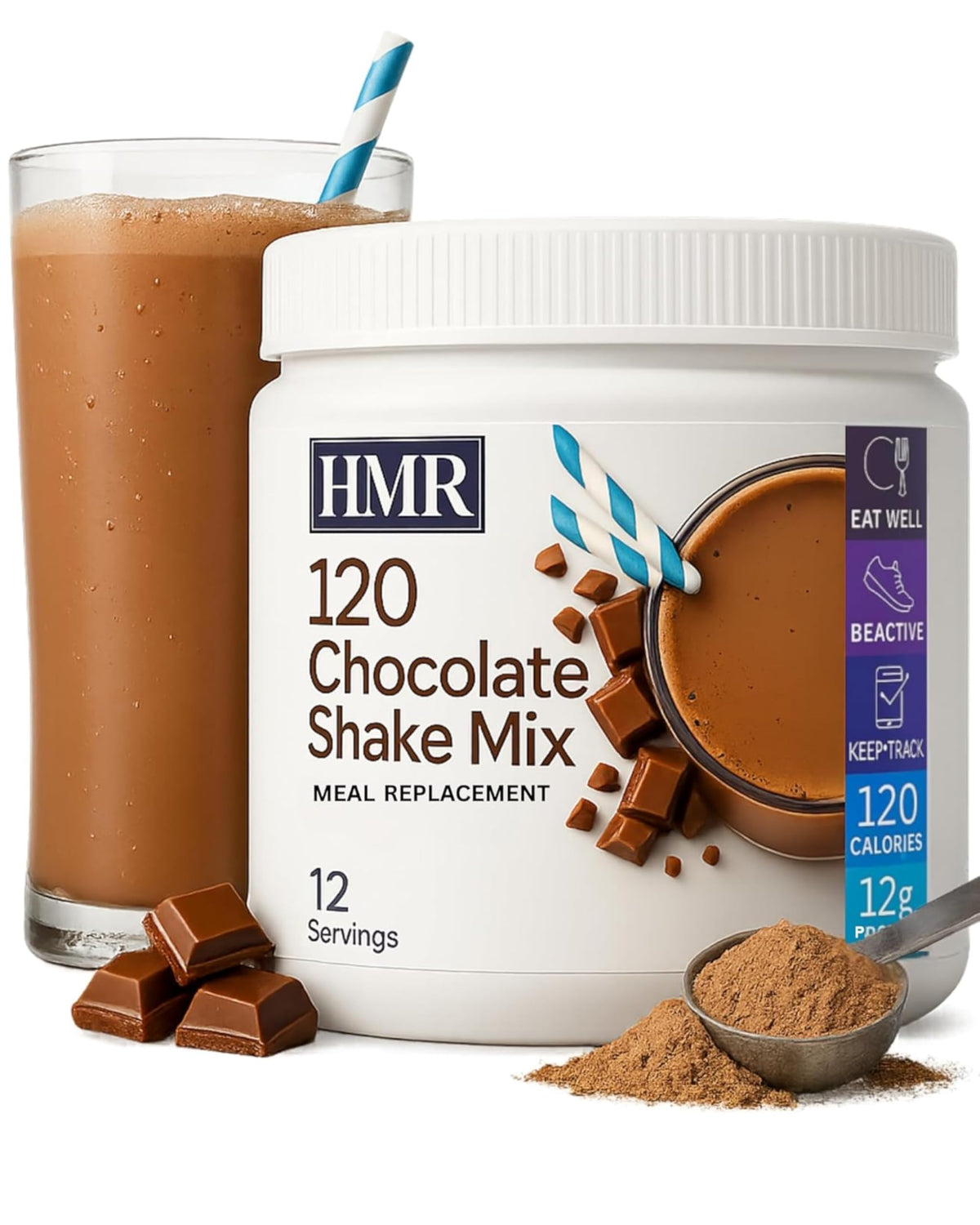HMR chocolate front packaging shows brand and serving count for convenience