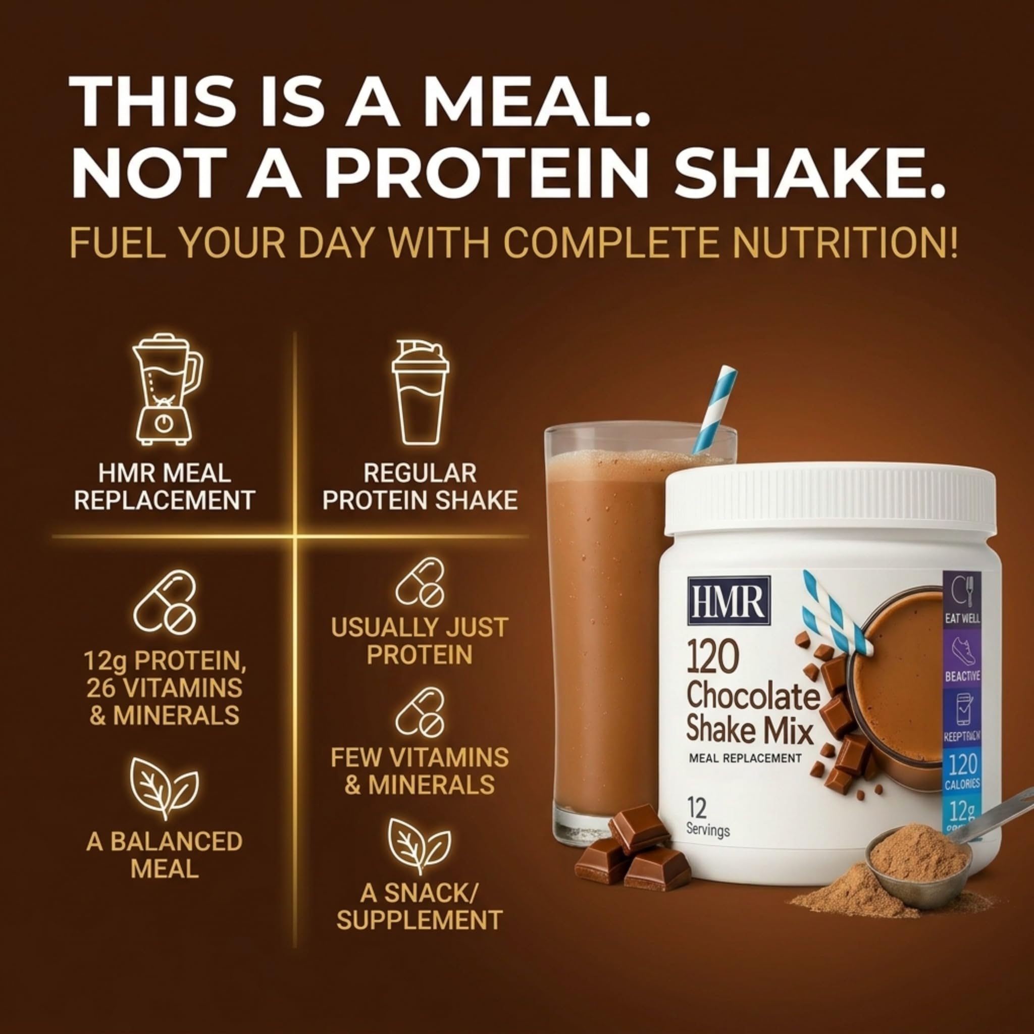 HMR chocolate serving scoop beside powder shows precise portion control