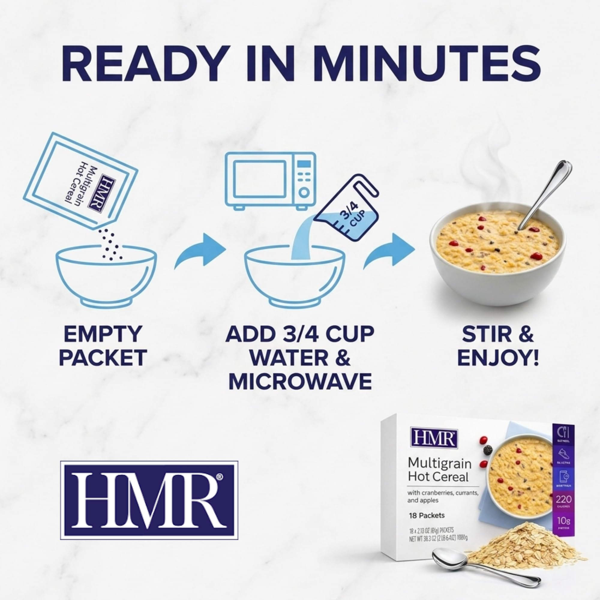 HMR multigrain bowl topped with berries and nuts, shows customizable nutrition