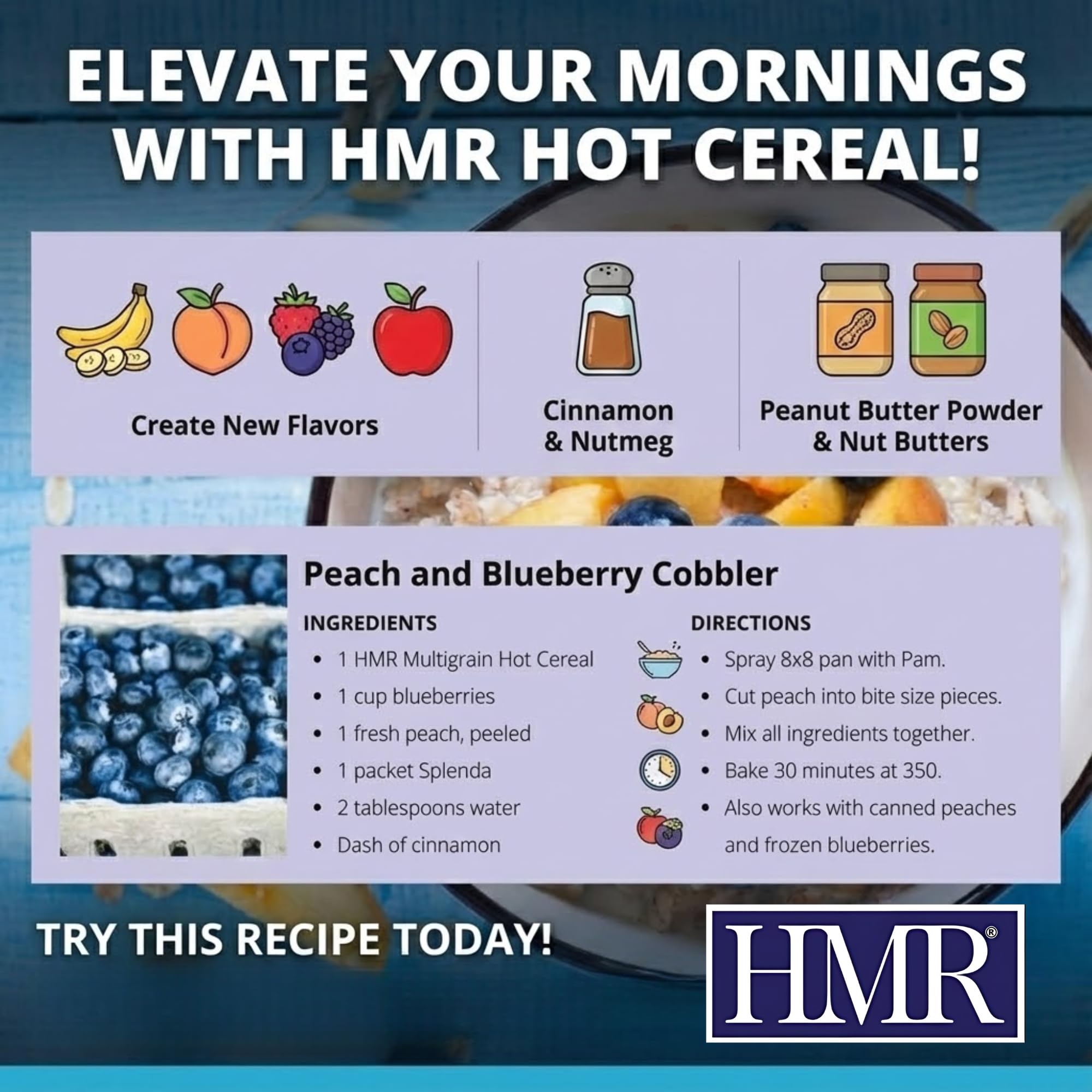HMR multigrain prepared bowl top view with steam, illustrates quick hot breakfast