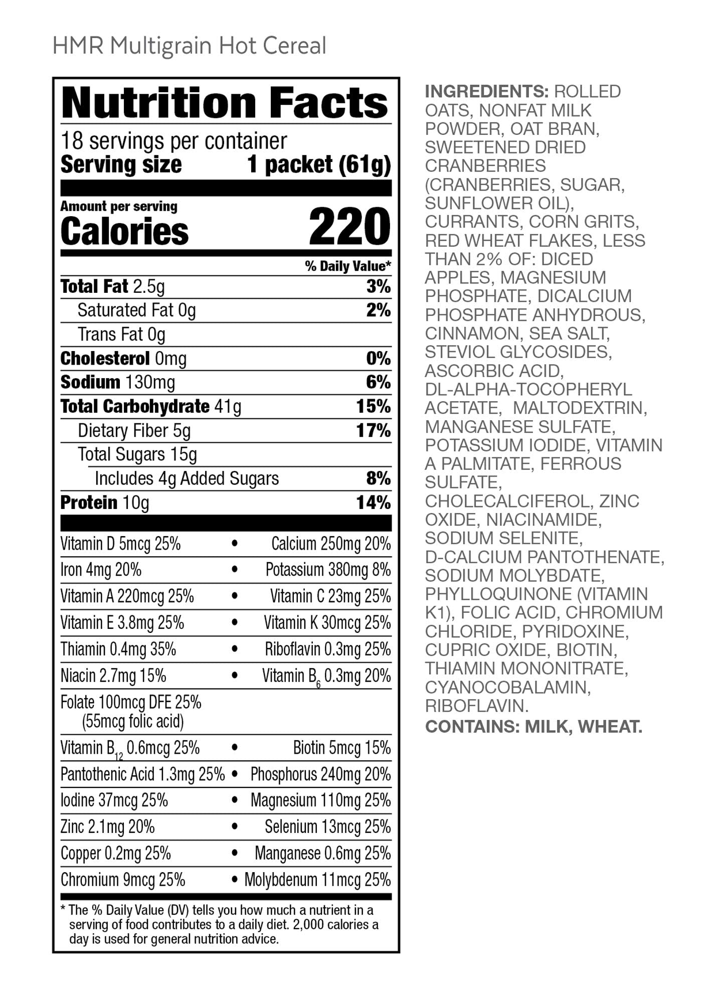 HMR multigrain label and nutrition facts detail, supports informed meal planning