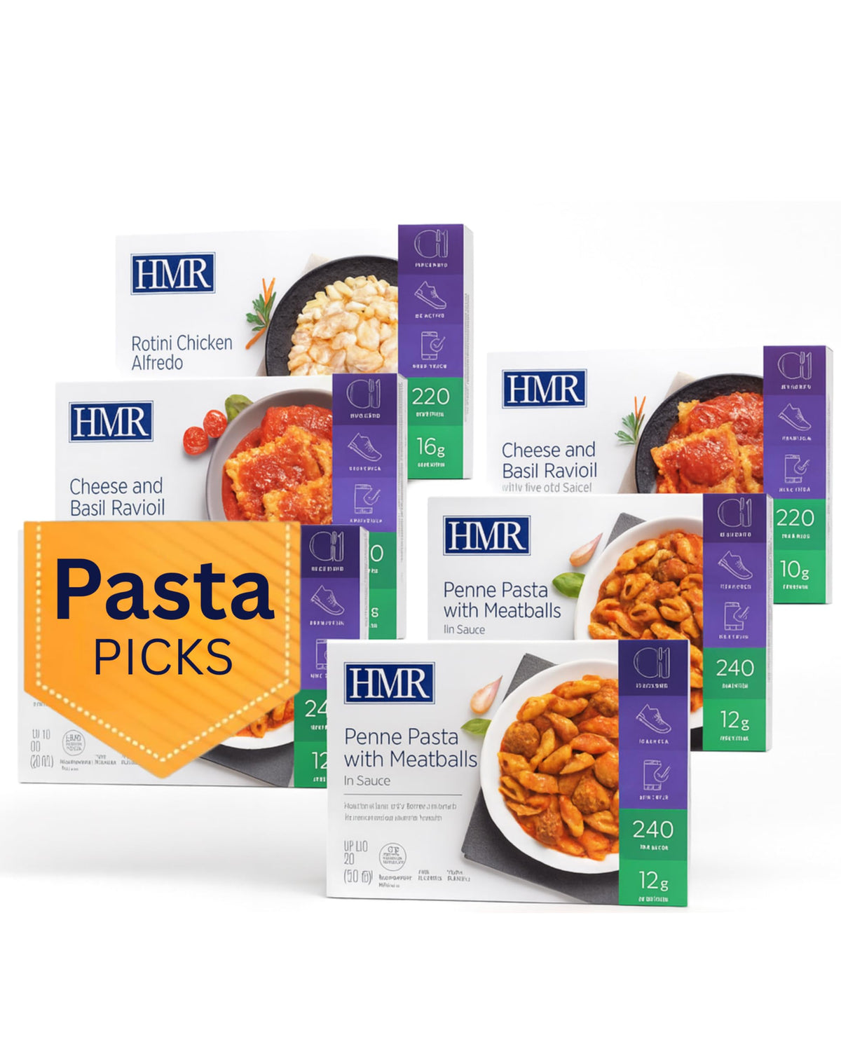 HMR front packaging showing all three pasta flavors and convenience