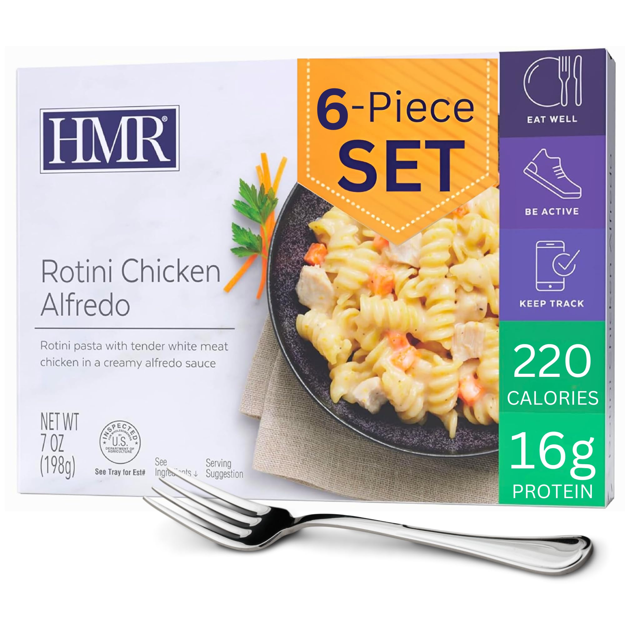 HMR front packaging showing rotini chicken alfredo, clear product view and convenience