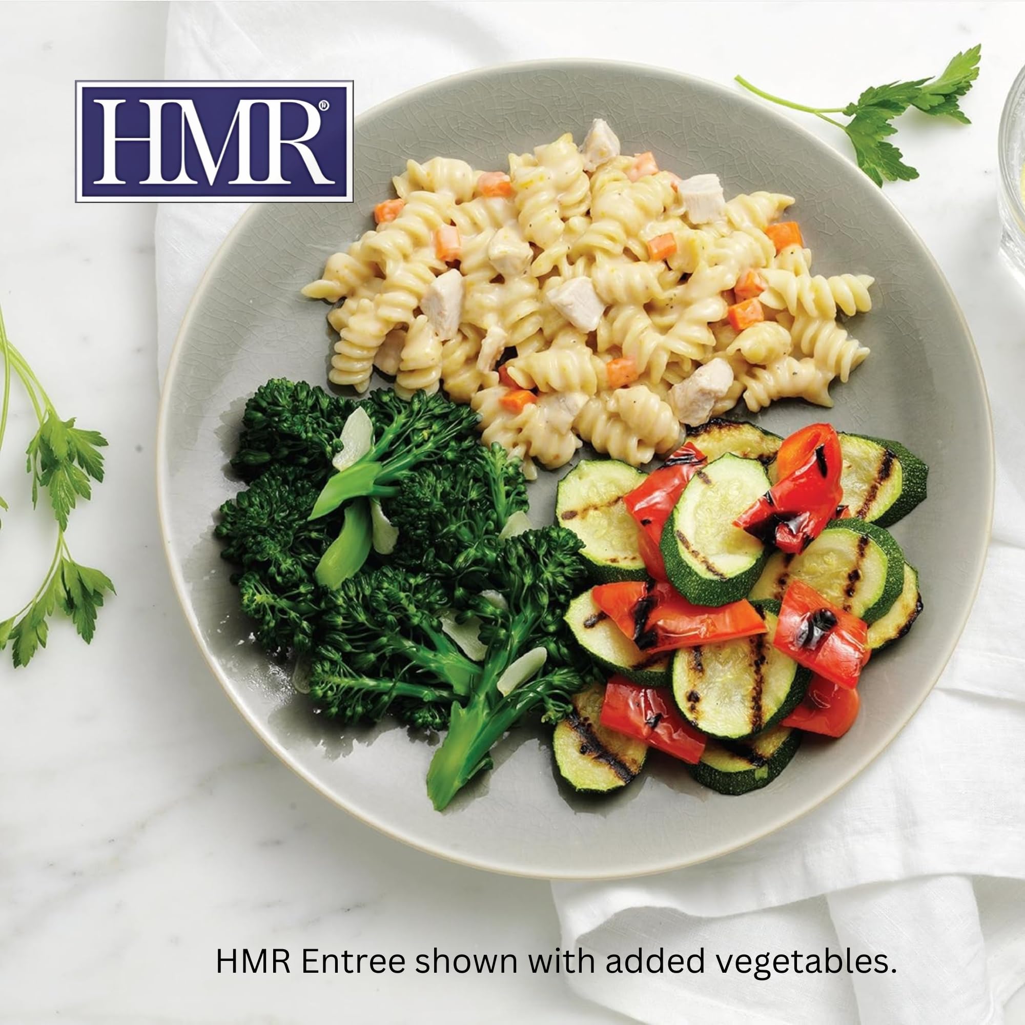 HMR plated rotini chicken alfredo served with salad, ready meal satisfaction