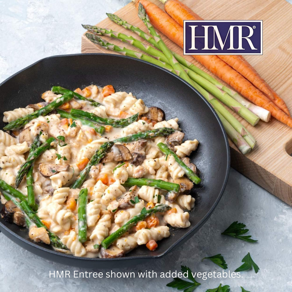 HMR portion size comparison with hand, shows controlled 7 oz serving