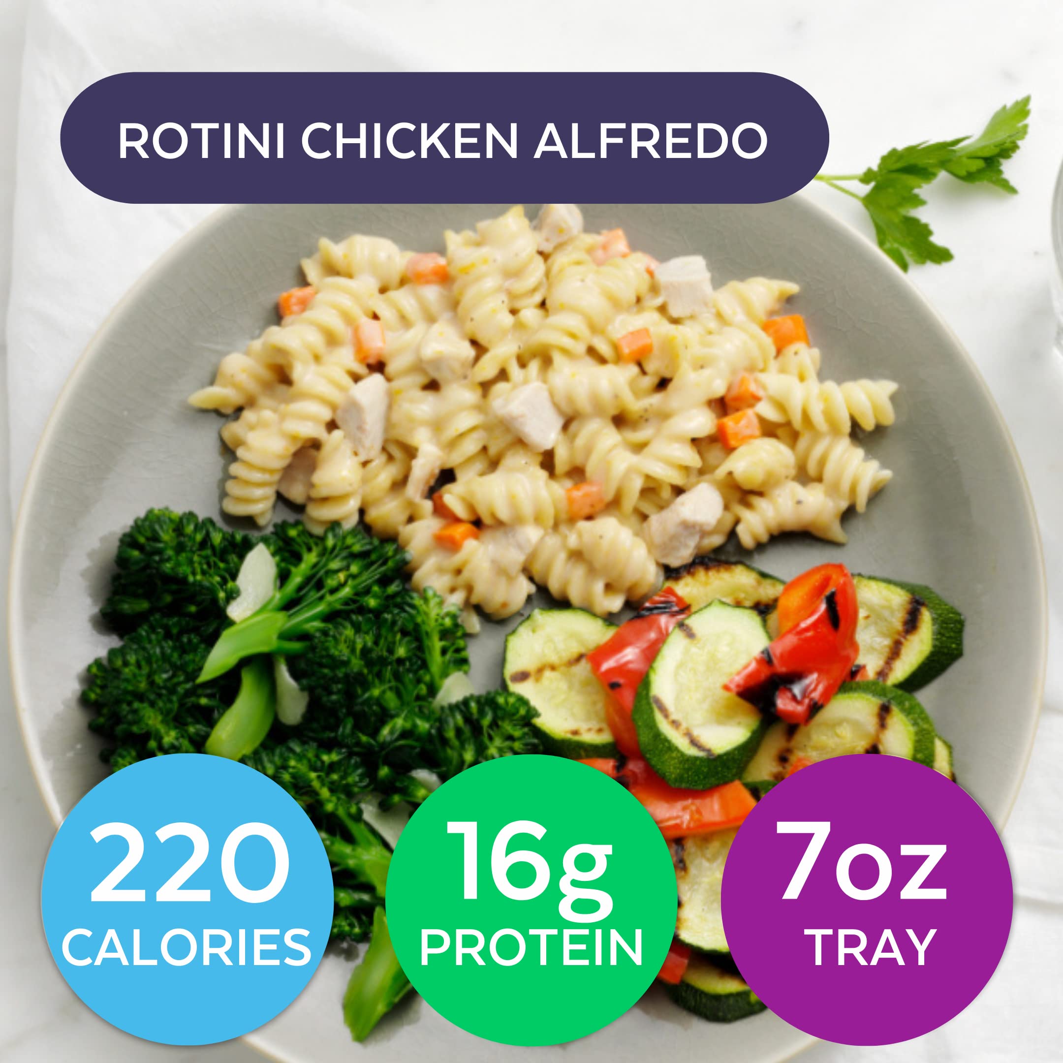 HMR rotini chicken alfredo top view highlighting creamy sauce and pasta spirals