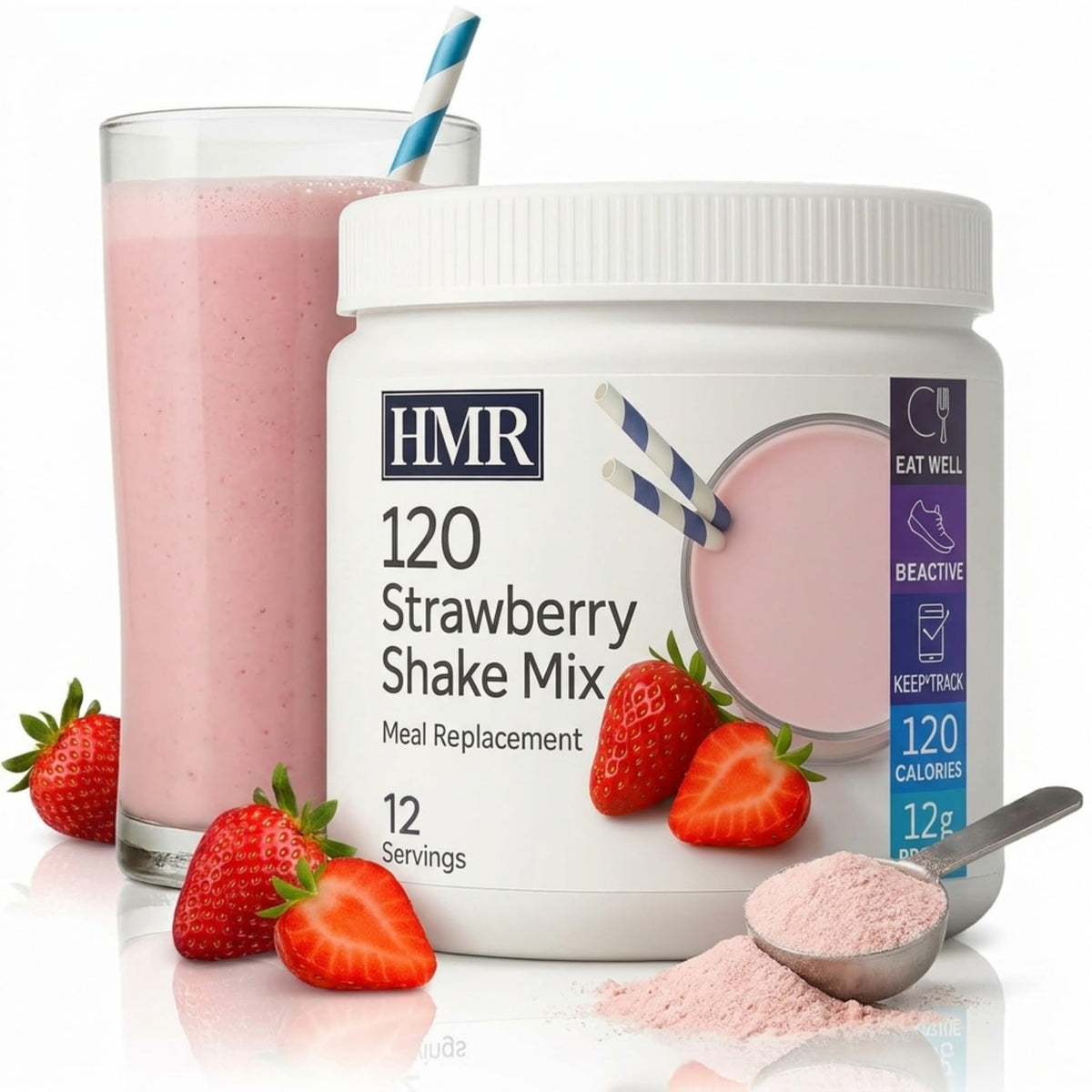 HMR strawberry front packaging showing serving information and 12 servings benefit