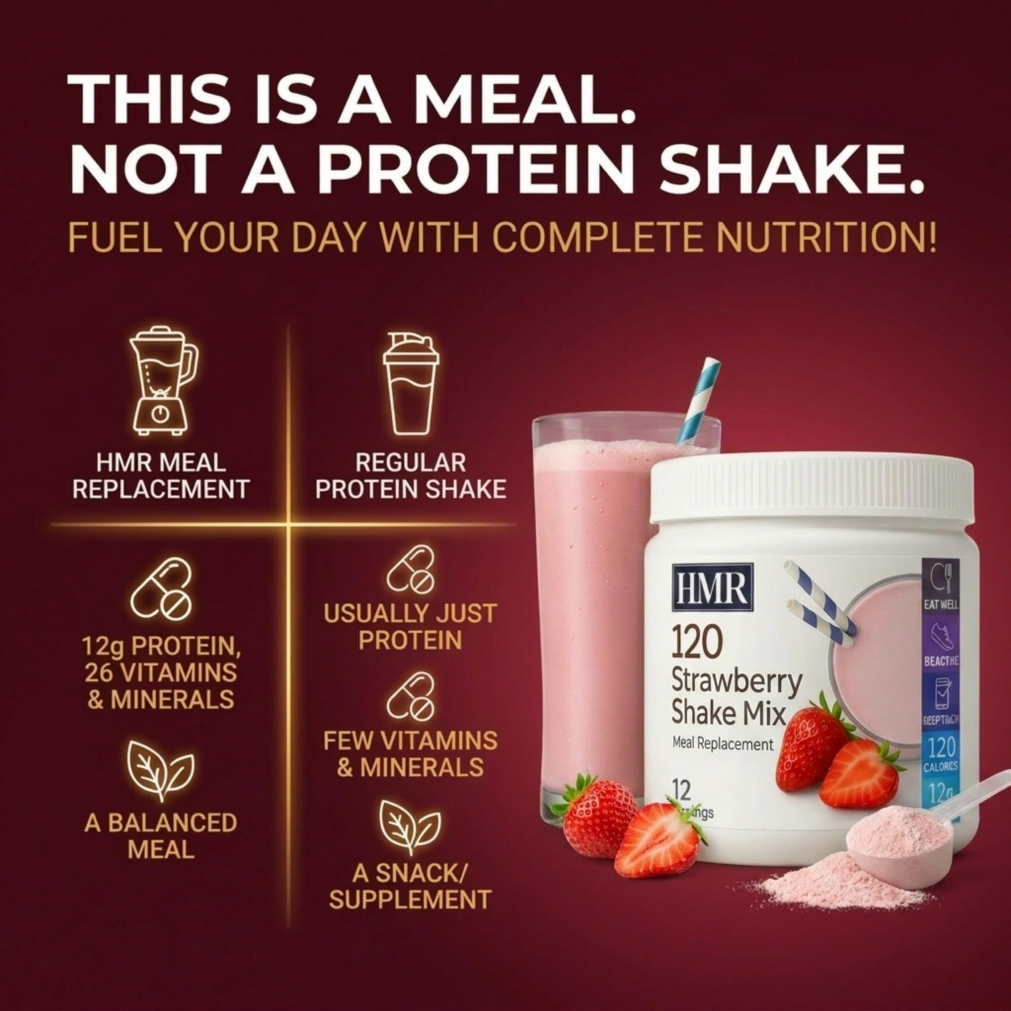 HMR strawberry mixed shake in glass illustrating creamy texture and ready-to-drink convenience
