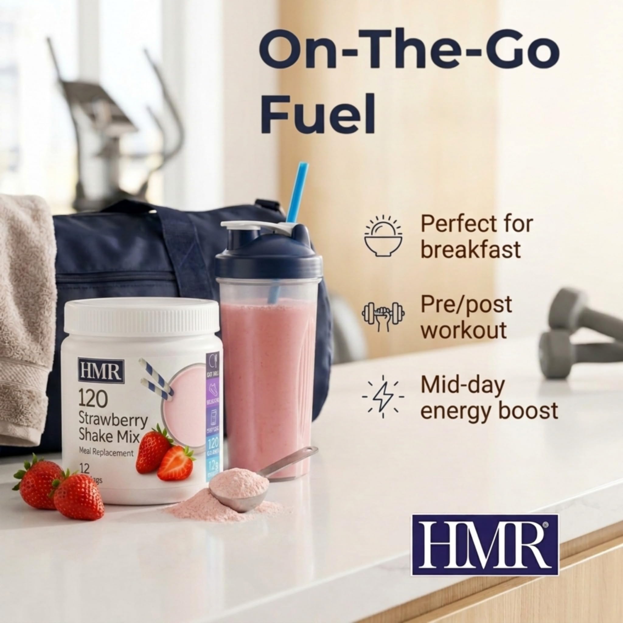 HMR strawberry powder close-up texture showing fine mixable powder for smooth shakes