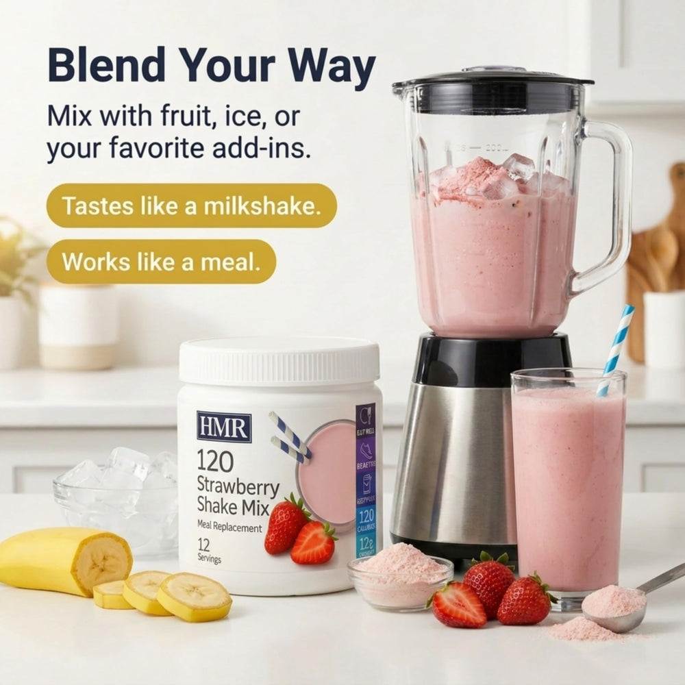 HMR strawberry serving scoop with powder demonstrating portion-controlled 120 calorie servings