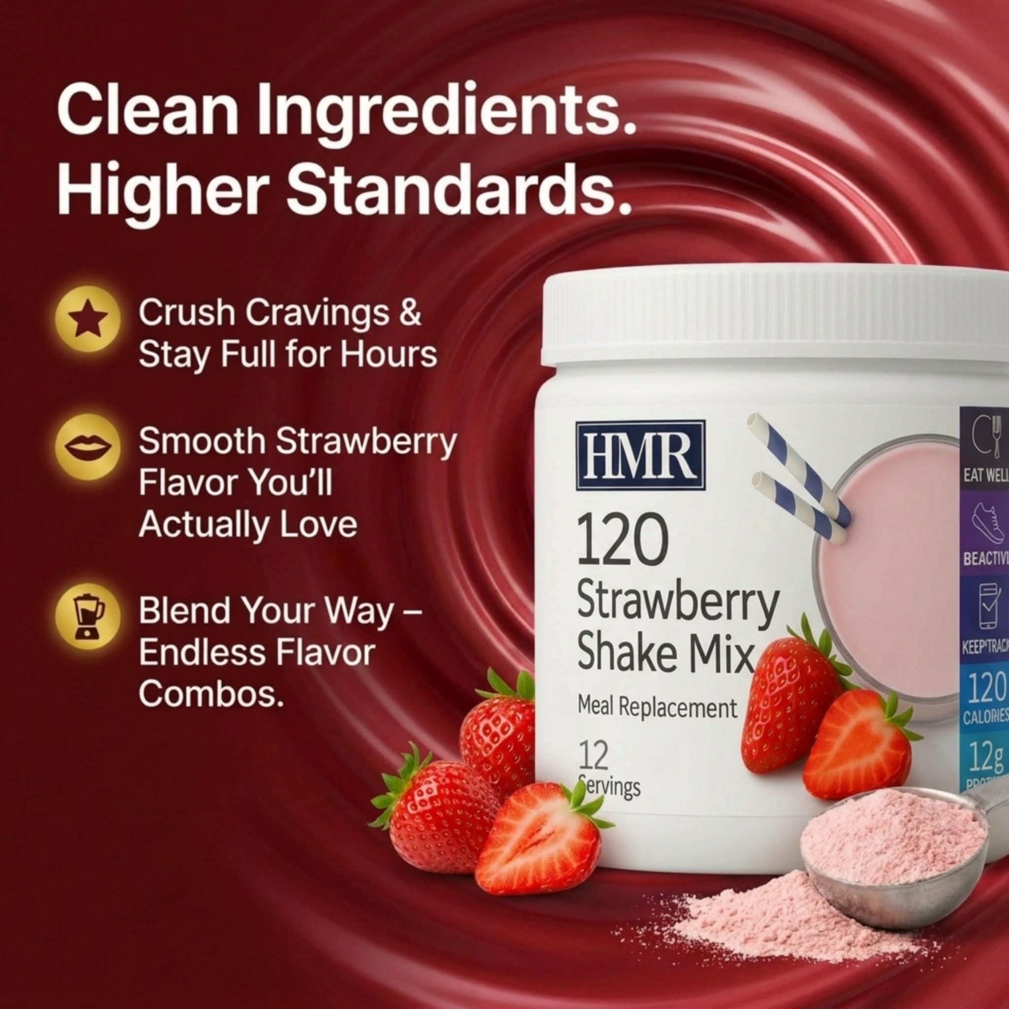 HMR strawberry smoothie with fresh fruit highlighting customizable flavor and added fiber