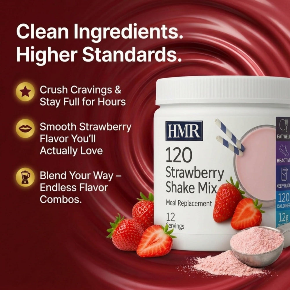 HMR strawberry smoothie with fresh fruit highlighting customizable flavor and added fiber