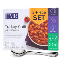 HMR front packaging showing turkey chili, convenient shelf-stable meal