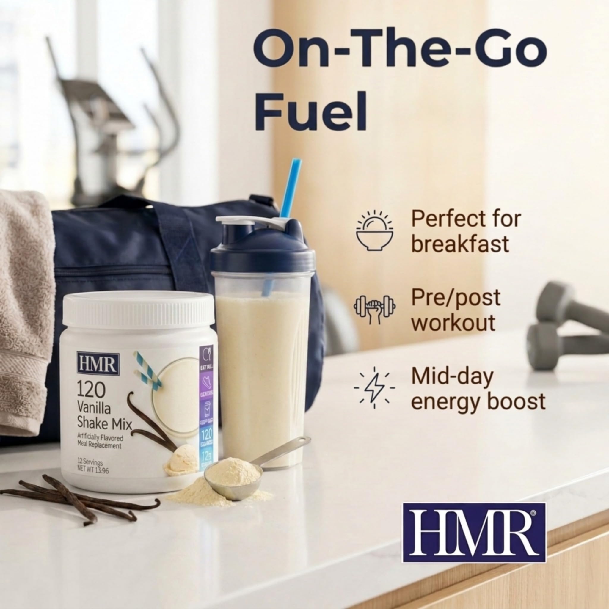 HMR vanilla shake prepared in glass illustrating creamy low-calorie meal option