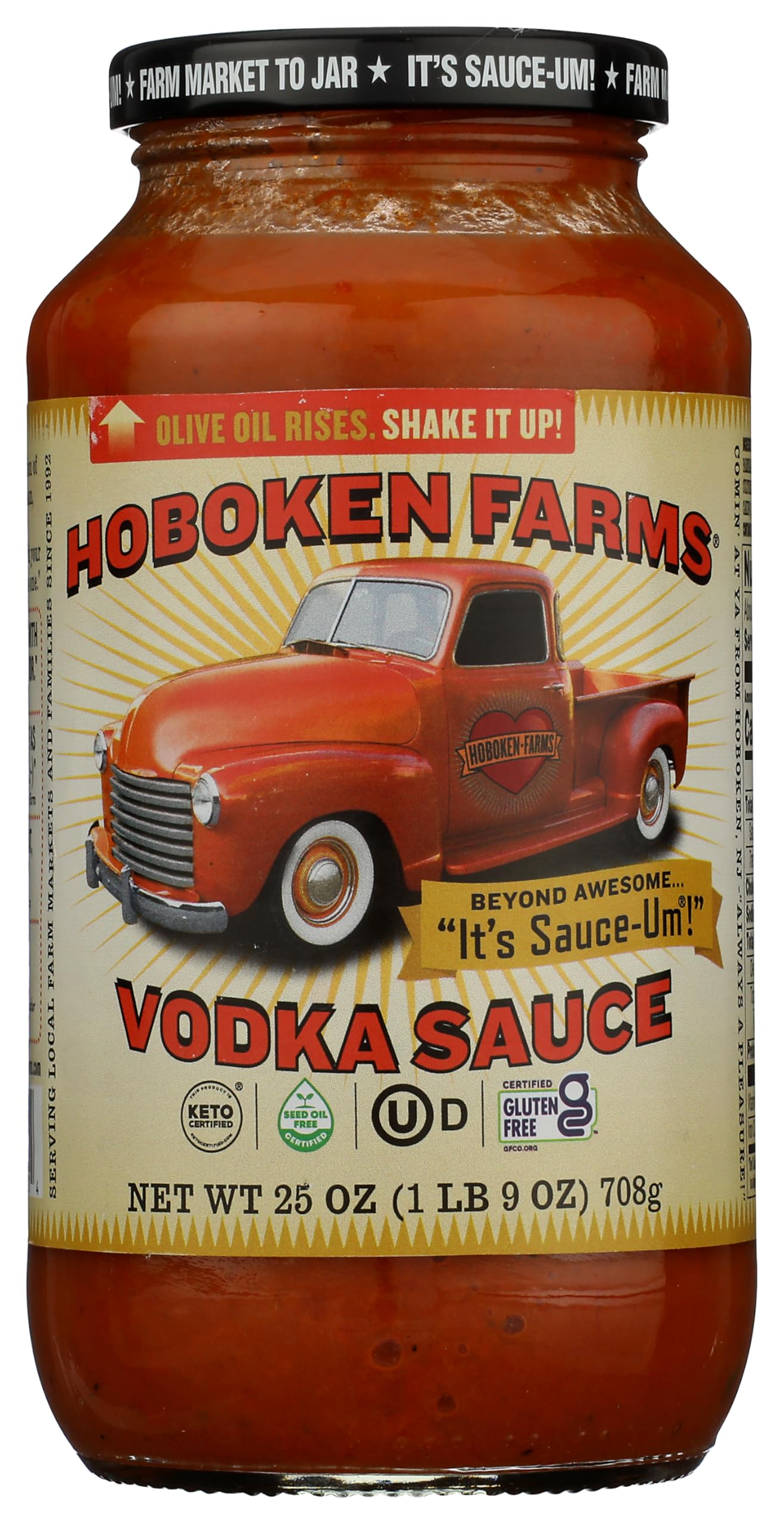 Hoboken Farms vodka sauce front jar showing label and organic benefit