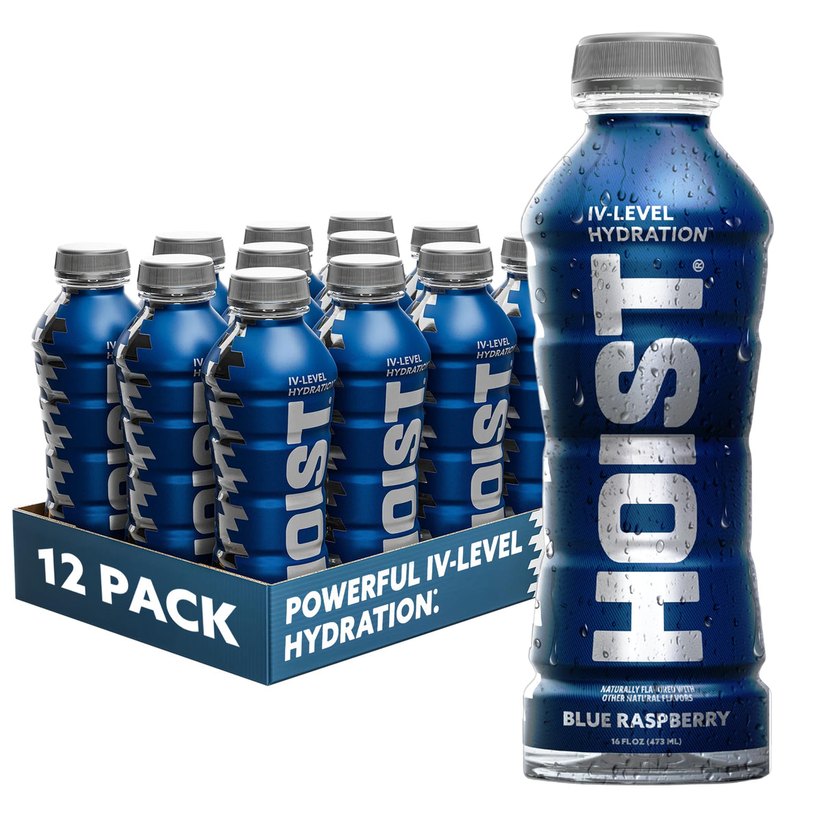 HOIST front packaging showing blue raspberry bottle and quick hydration benefit