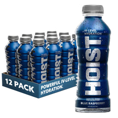 HOIST front packaging showing blue raspberry bottle and quick hydration benefit