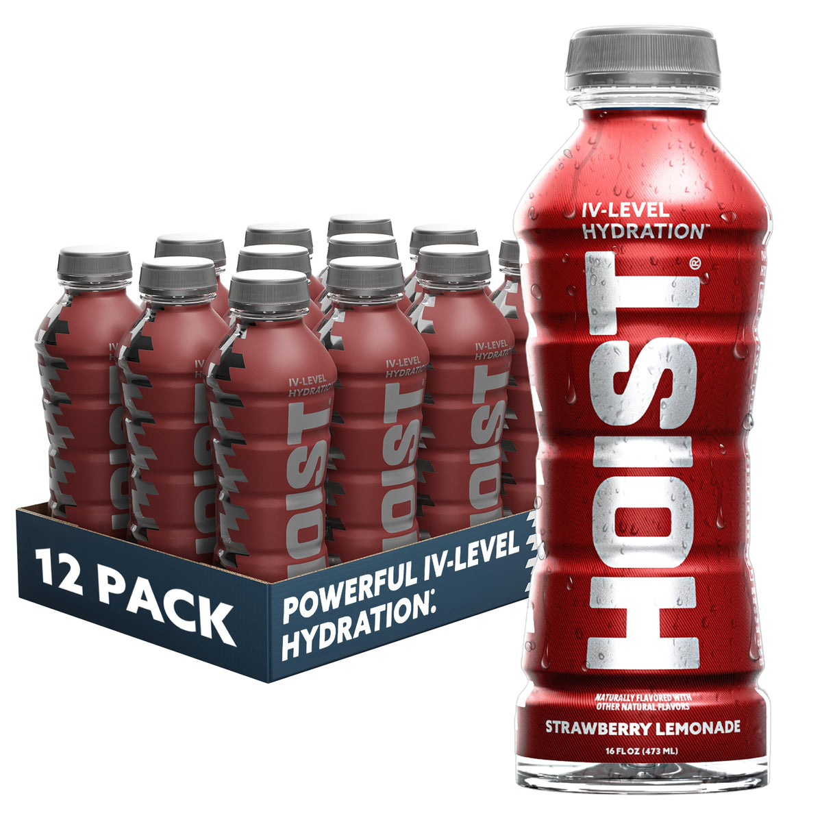 HOIST bottle front packaging showing strawberry lemonade and brand benefits